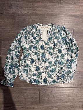 LOFT White Blouse with Blue and Green Floral Pattern